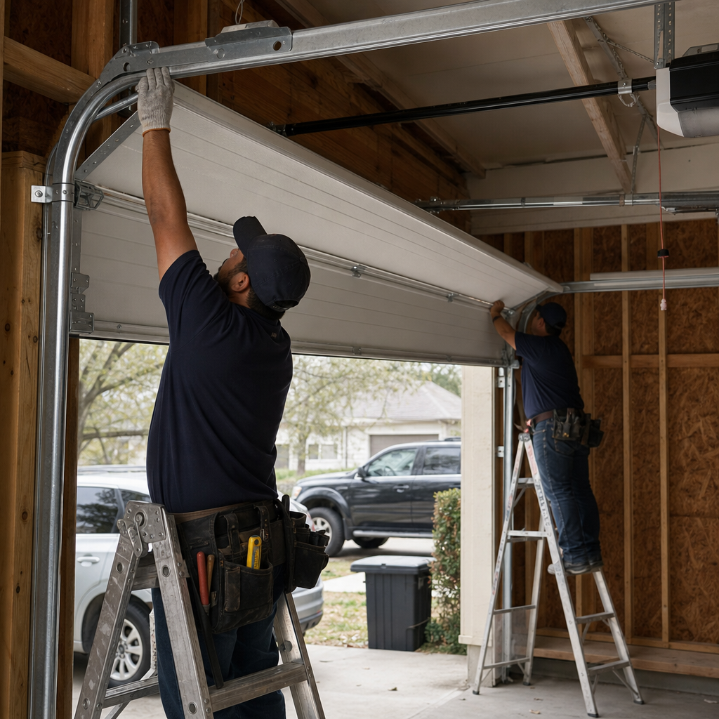 Two professional technicians installing a residential garage door.