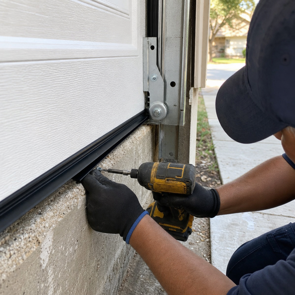 Technician installing garage door weather stripping with a power drill