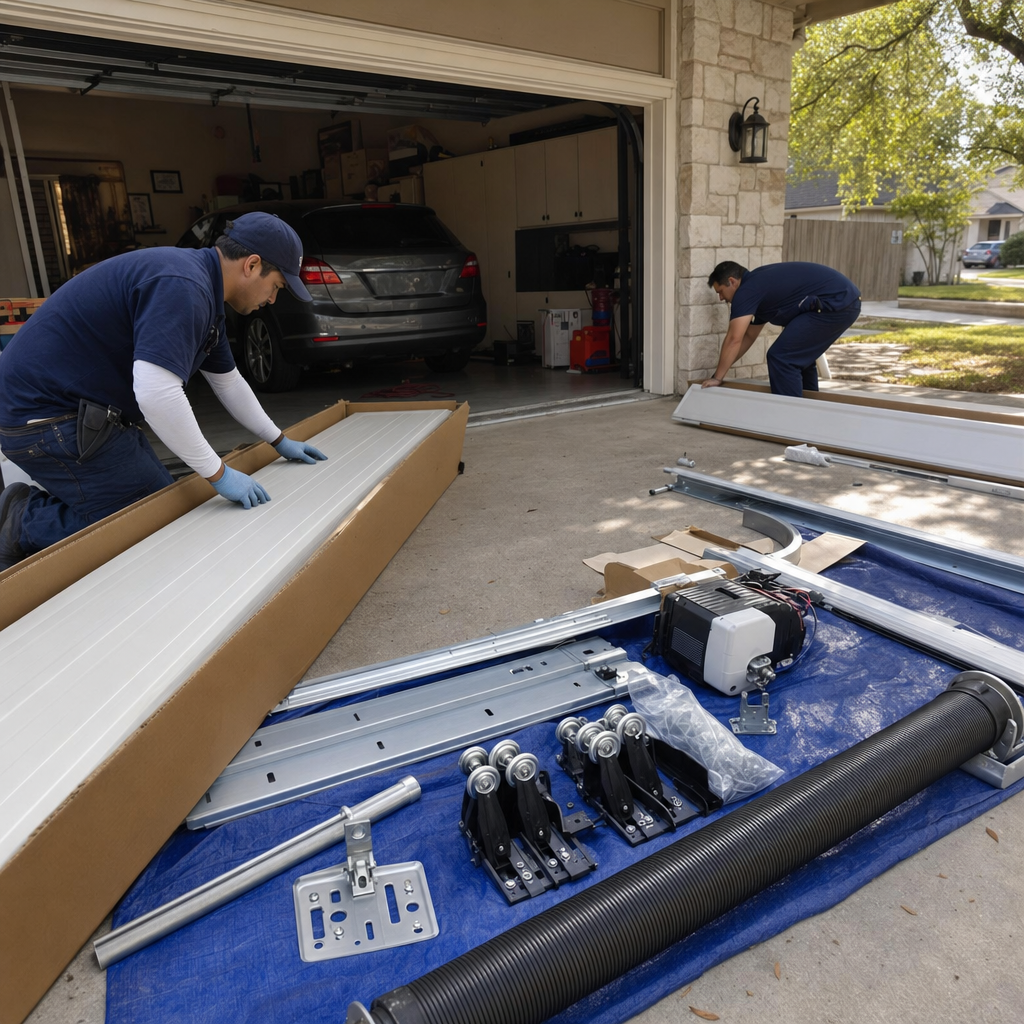 Two professional technicians installing a new residential garage door
