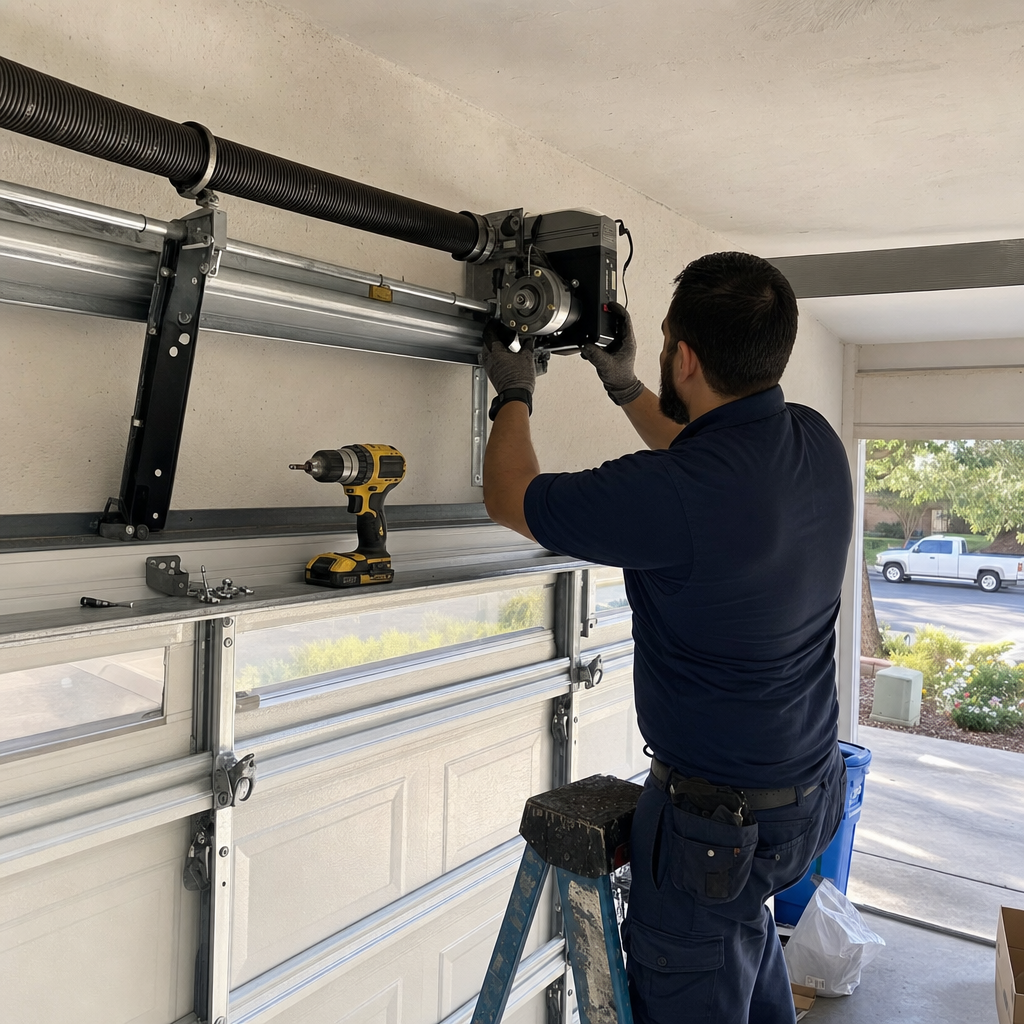 Technician installing a professional wall-mounted garage door opener system