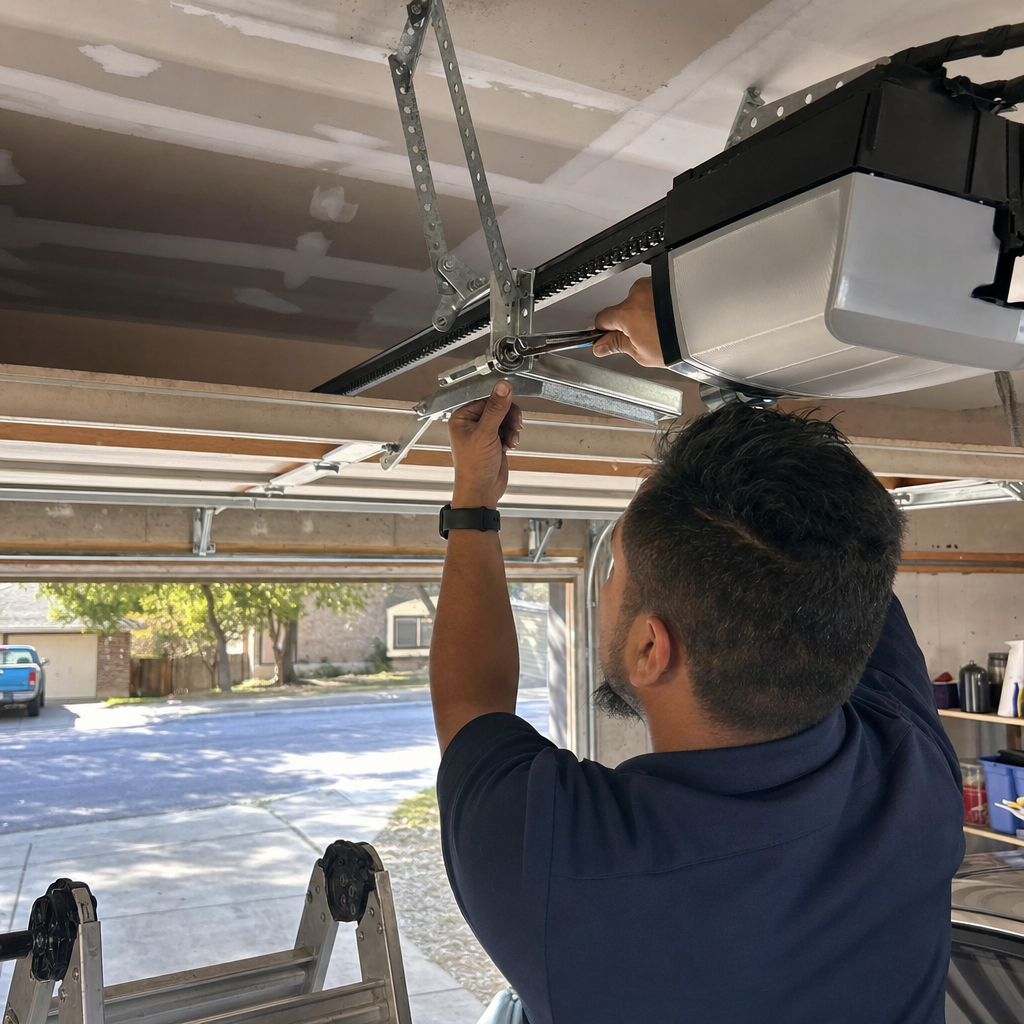 Technician using a wrench to repair a ceiling garage door opener
