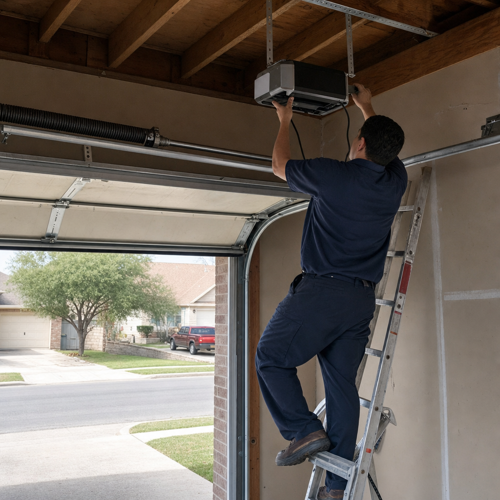 Technician repairing or installing a garage door opener motor on a ladder