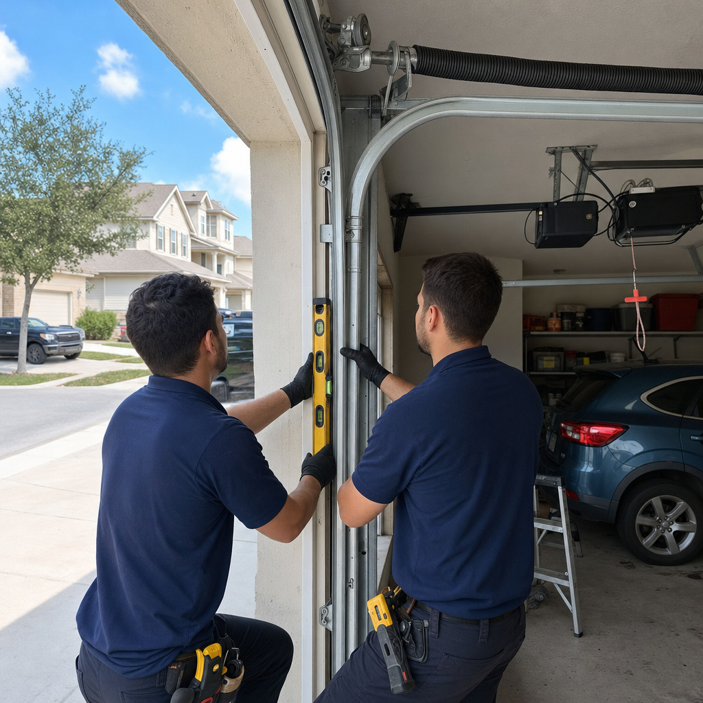 Two professional technicians repairing a garage door track with a level