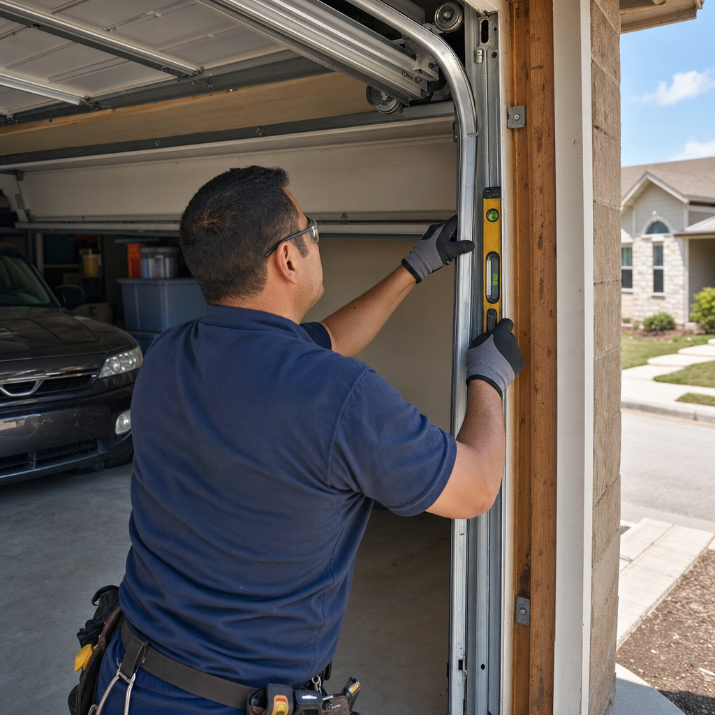 Technician using a level to repair a garage door track