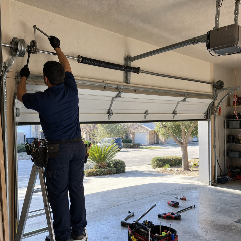 Technician performing professional garage door spring repair and maintenance