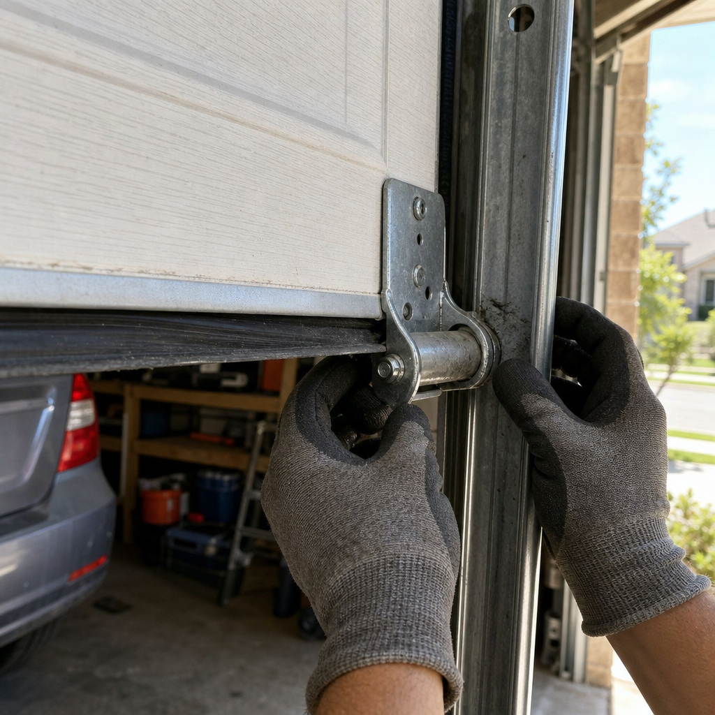 Technician performing emergency garage door roller and track repair in San Antonio, TX