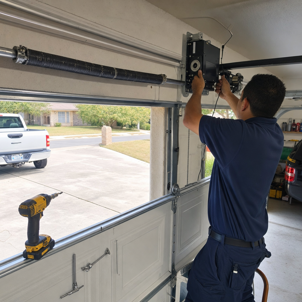 Technician installing a residential wall-mount garage door opener motor
