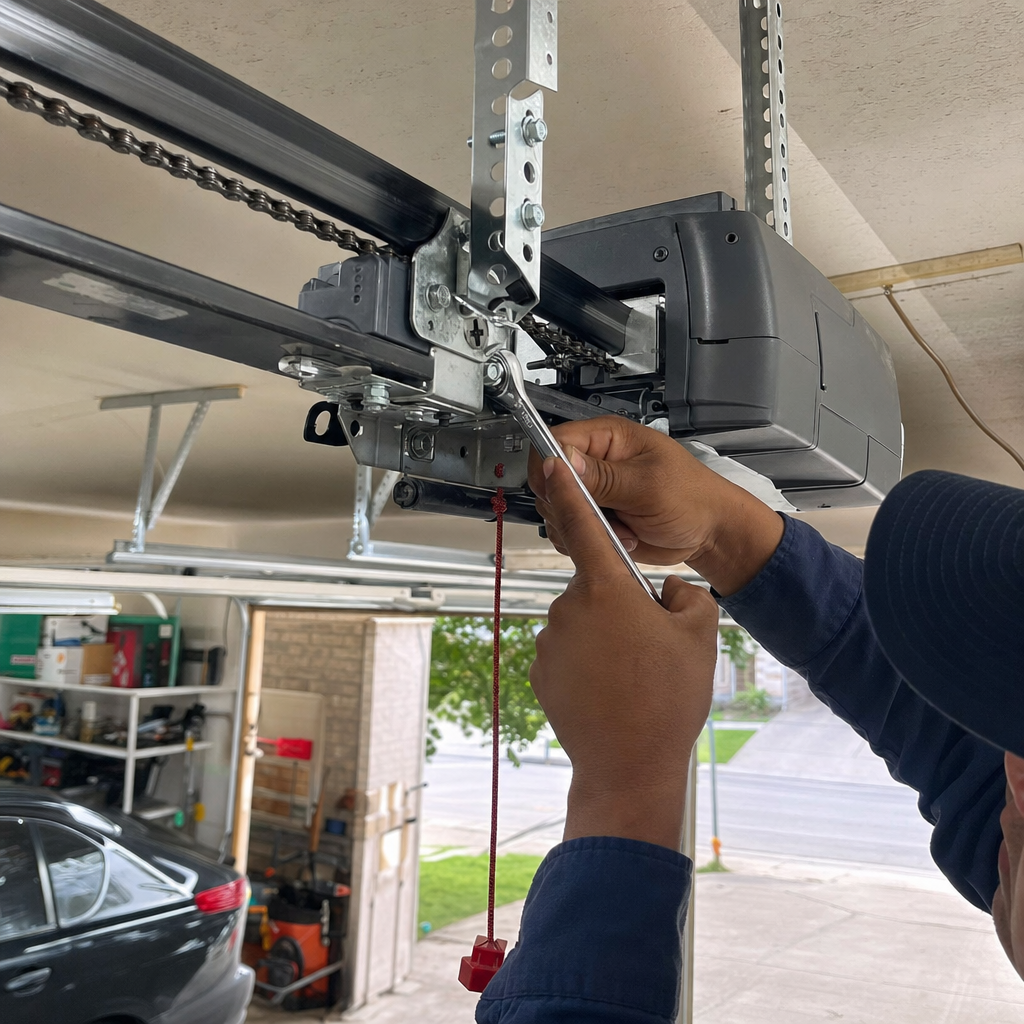 Technician performing maintenance on a residential garage door opener motor