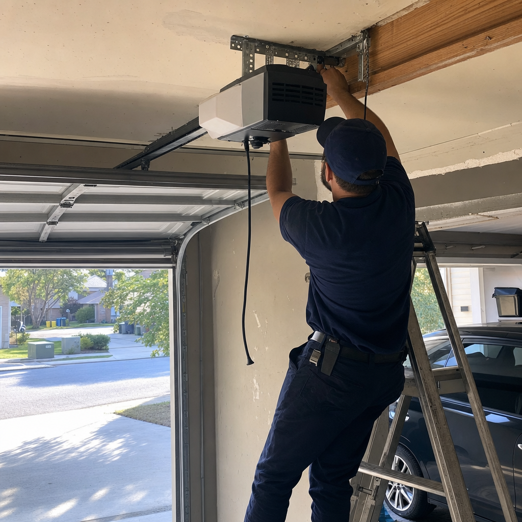Technician performing professional garage door opener installation and maintenance