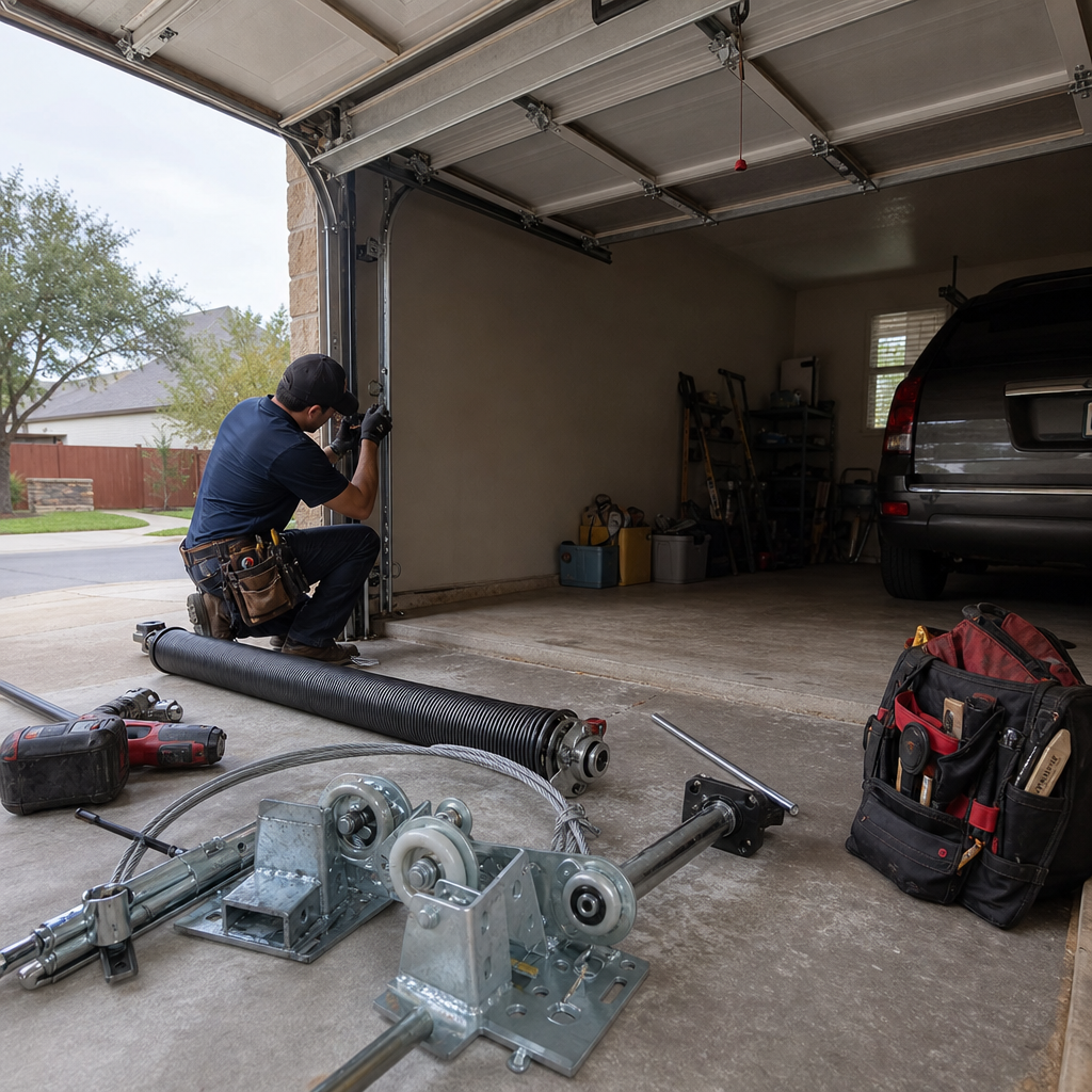 Technician repairing garage door components with professional tools and replacement parts in San Antonio, TX