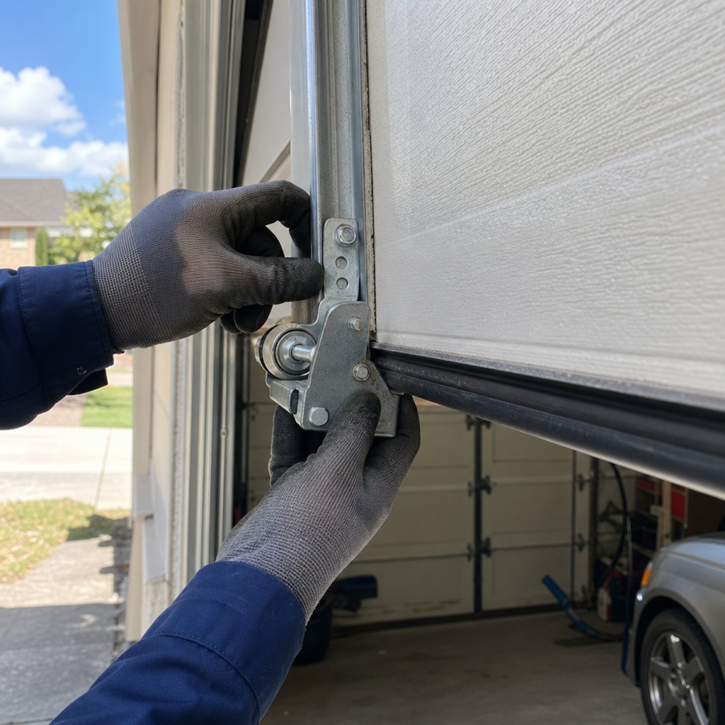 Technician performing garage door roller and hinge maintenance in San Antonio, TX